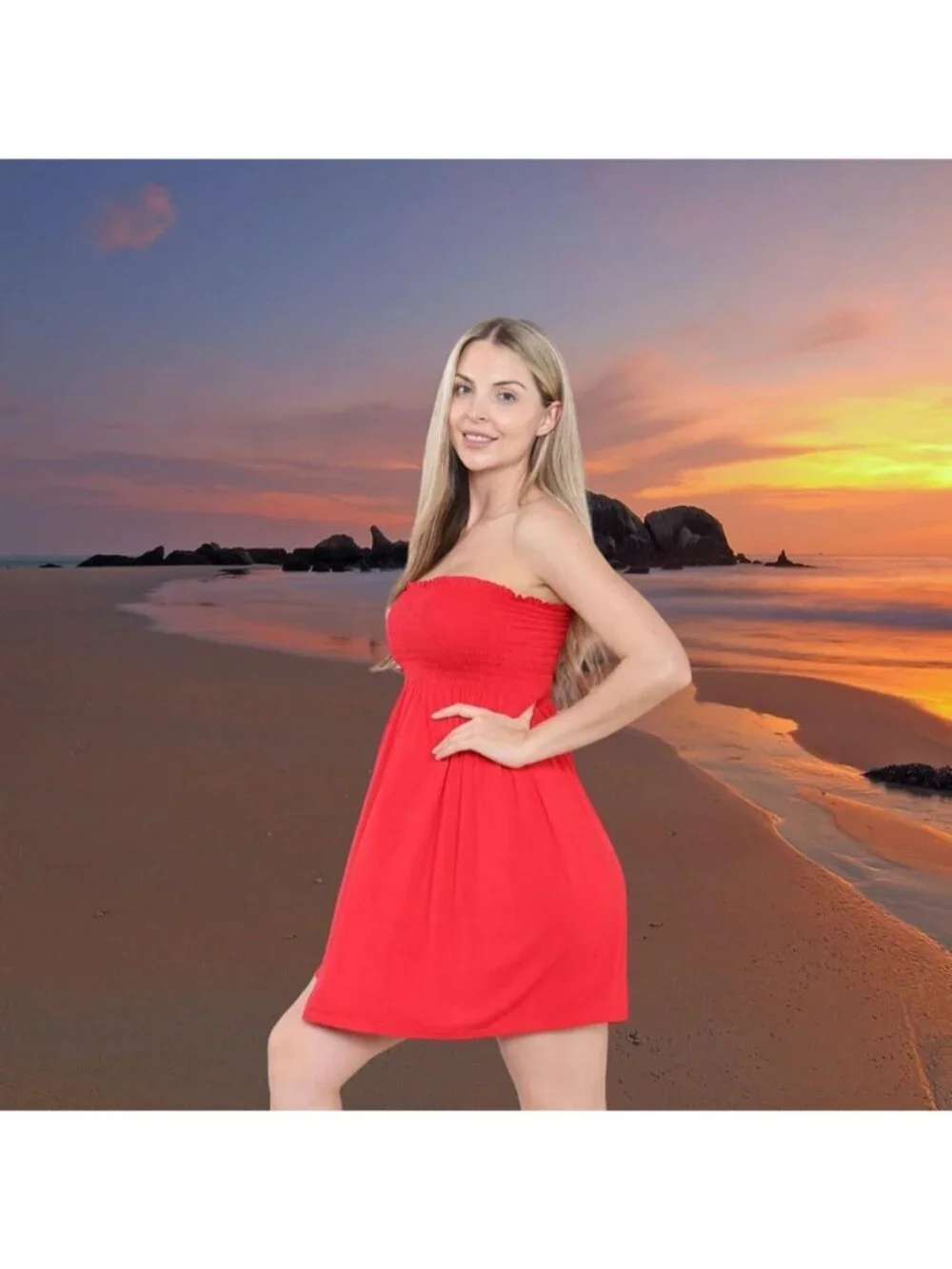 Women's Red Sun Strapless Tube Short Beach Summer Dresses Casual Mini Dress